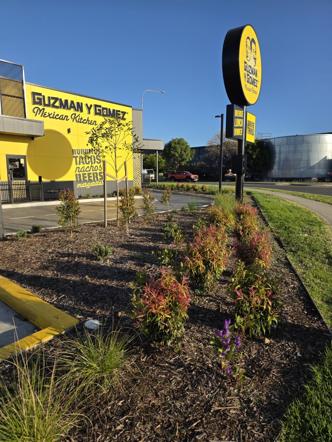 Completed commercial garden beds and concrete pedestrian paths
